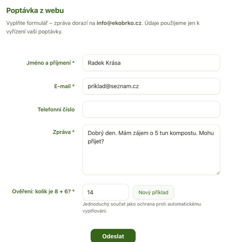 Náhled poptávkového formuláře na webu EkoBRKO – ukázka vyplněné poptávky včetně kompostu